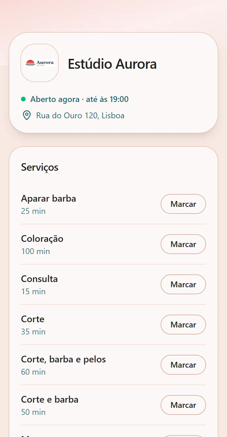A tua página de marcações, com as tuas cores